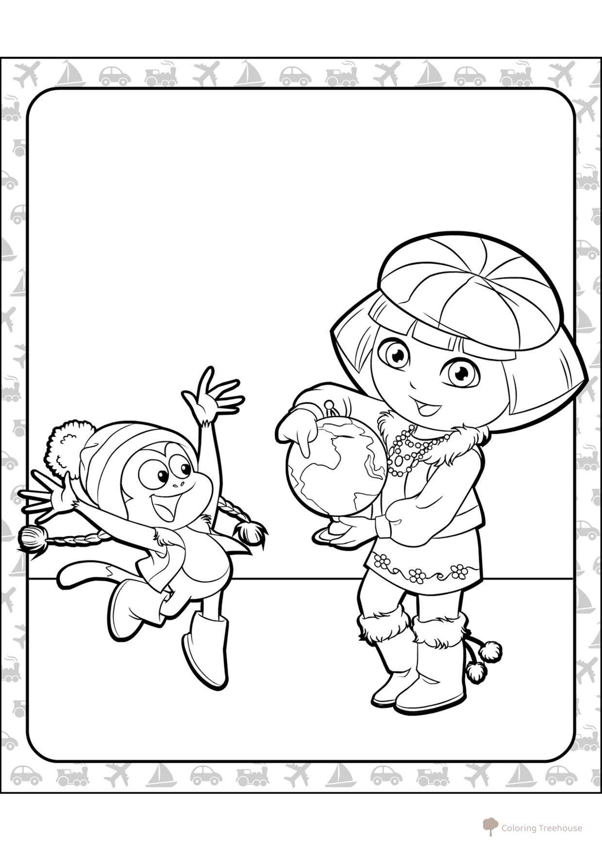 Dasha the Traveler with Globe Coloring Page free printable Dora the Explorer Coloring Pages coloring page
