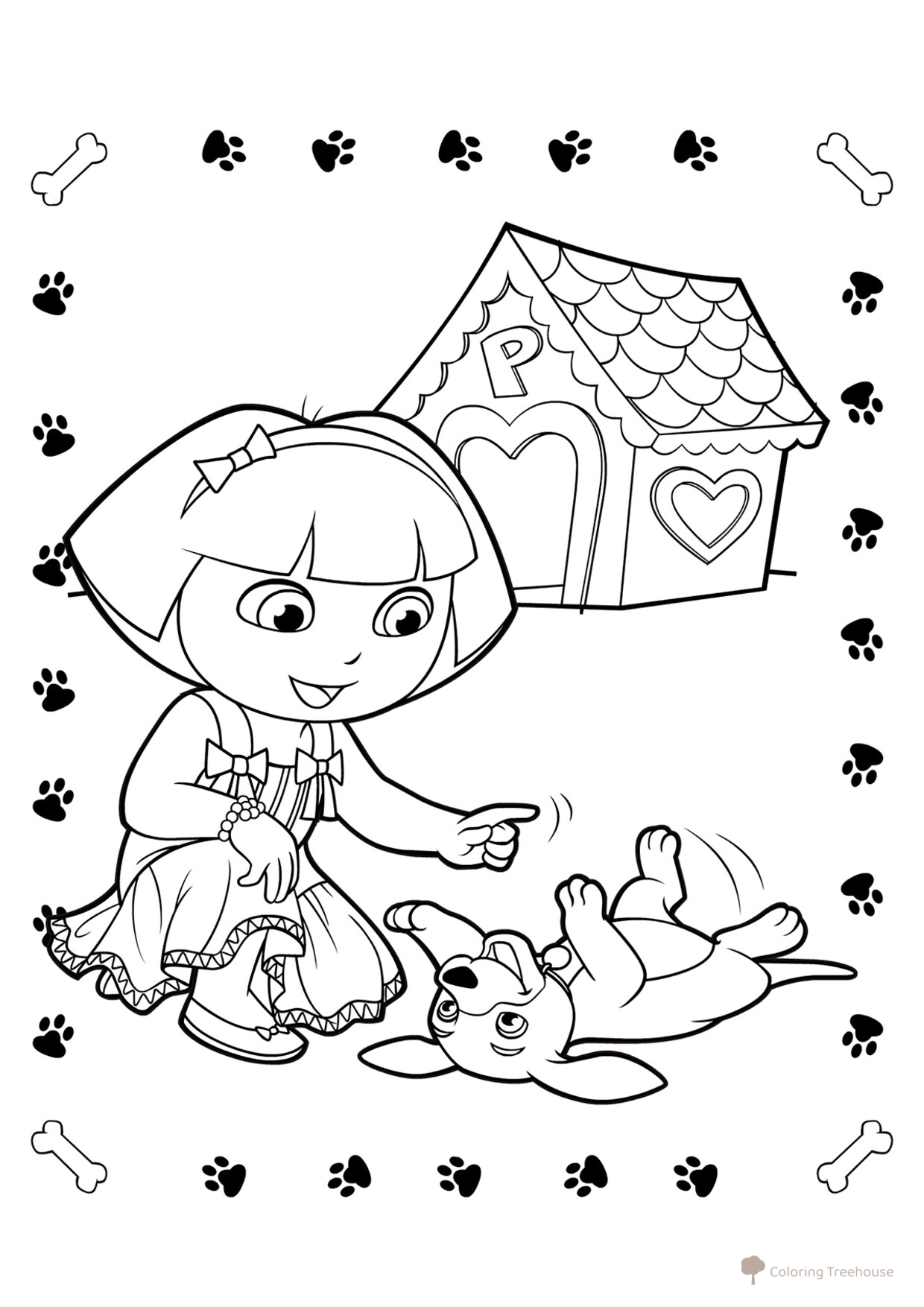 Página para colorear: Dasha la exploradora jugando con un cachorro dibujo para colorear gratis de Páginas para colorear de Dora la exploradora
