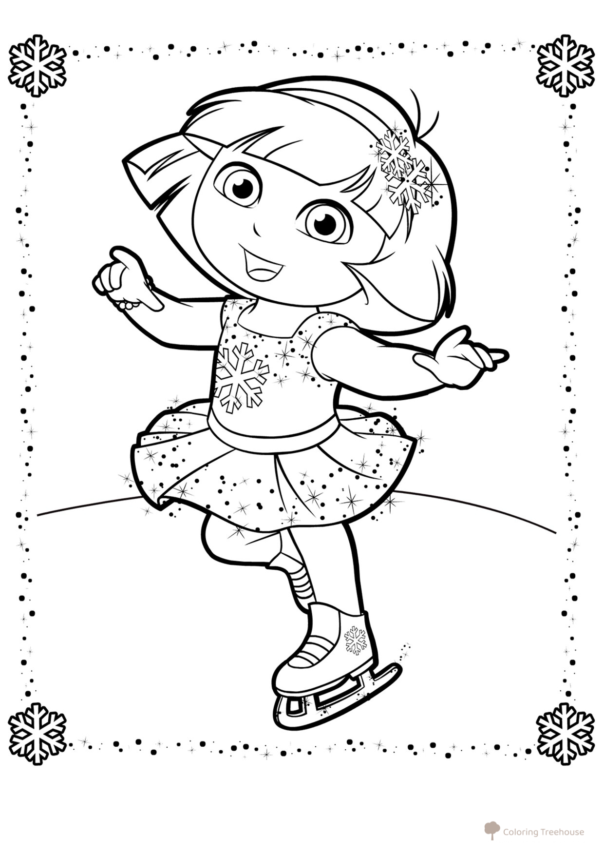 Dasha en vestido de copos de nieve sobre patines - página para colorear dibujo para colorear gratis de Páginas para colorear de Dora la exploradora