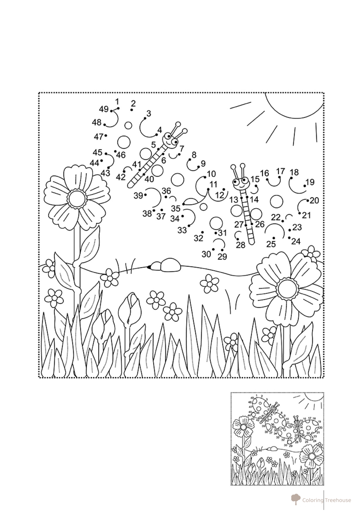 Página para colorear Flores y mariposas por puntos dibujo para colorear gratis de Dot-to-Dot Coloring Pages