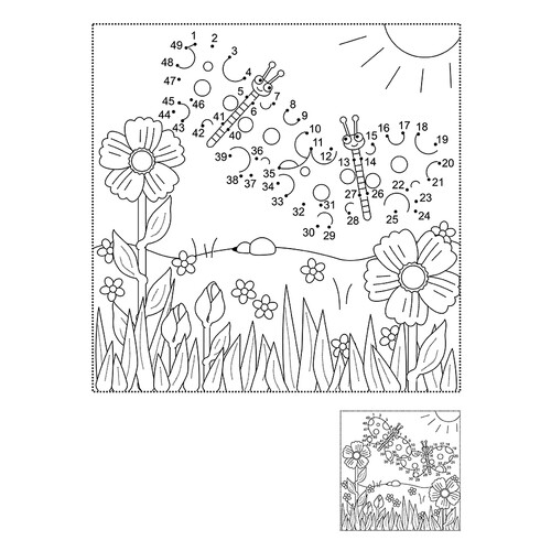 Dot-to-Dot Coloring Page: Flowers and Butterflies free printable Dot-to-Dot Coloring Pages coloring page
