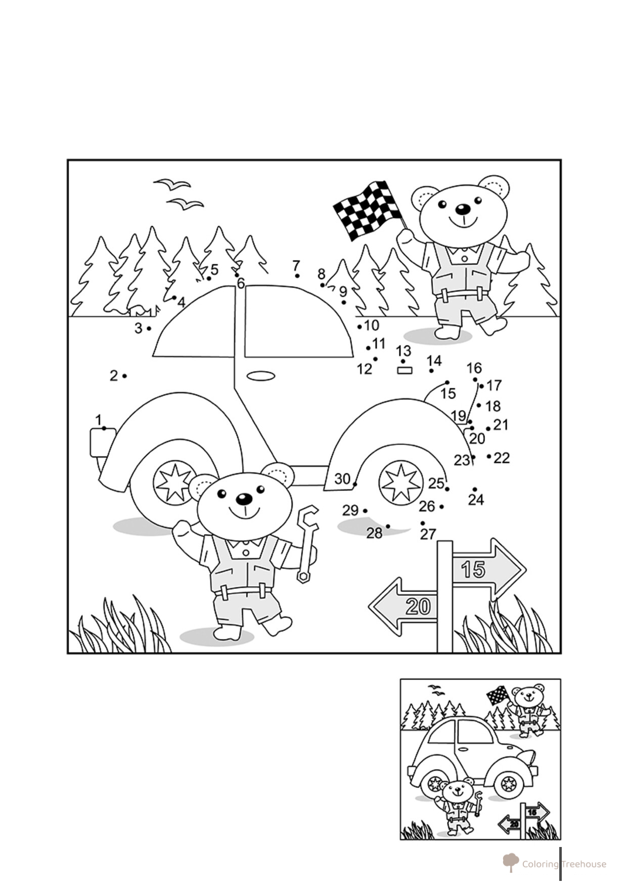 Página para colorear: Osos y coche por puntos dibujo para colorear gratis de Dot-to-Dot Coloring Pages