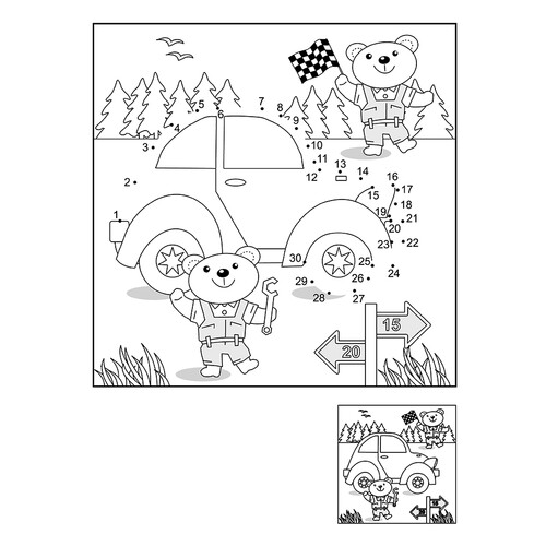 Página para colorear: Osos y coche por puntos dibujo para colorear gratis de Dot-to-Dot Coloring Pages