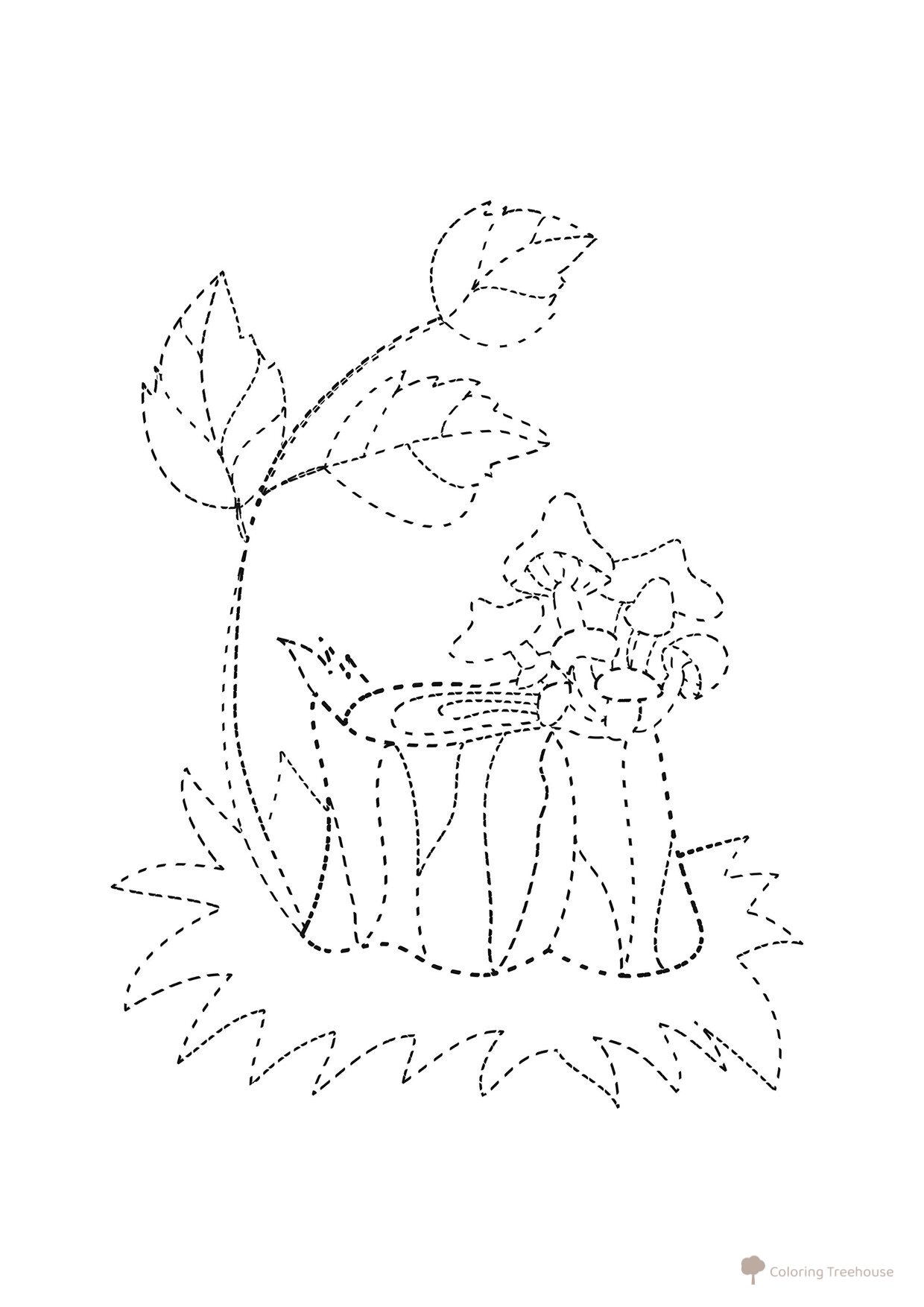 Tree Stump with Mushrooms Dot-to-Dot Coloring Page free printable Dot-to-Dot Coloring Pages coloring page