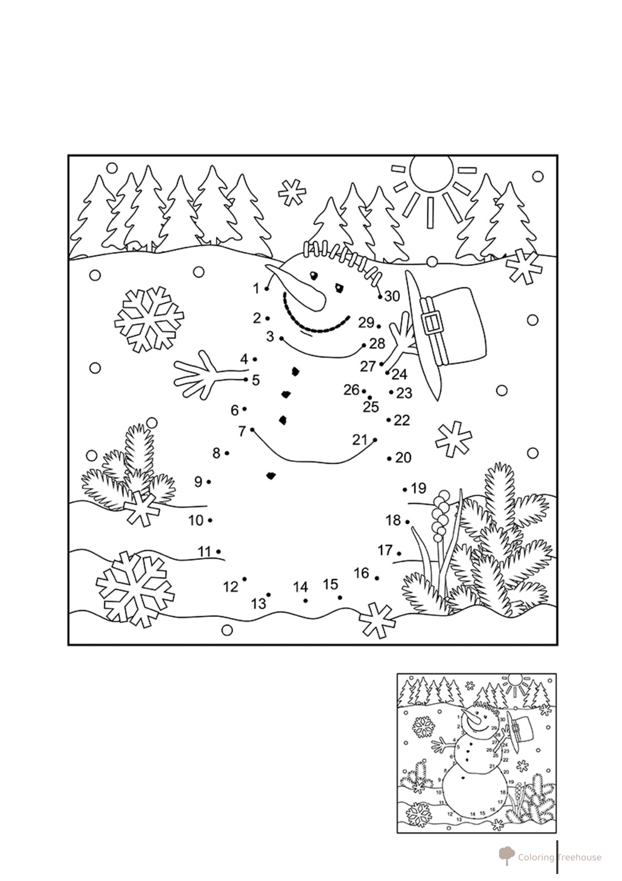 Página para colorear: Muñeco de nieve por puntos dibujo para colorear gratis de Dot-to-Dot Coloring Pages