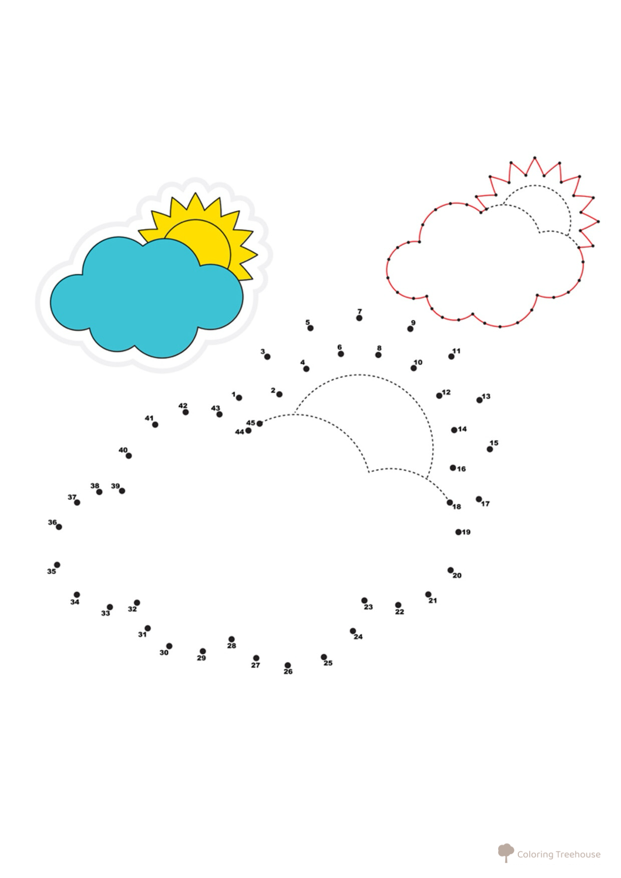 Página para colorear: Sol detrás de la nube por puntos dibujo para colorear gratis de Dot-to-Dot Coloring Pages