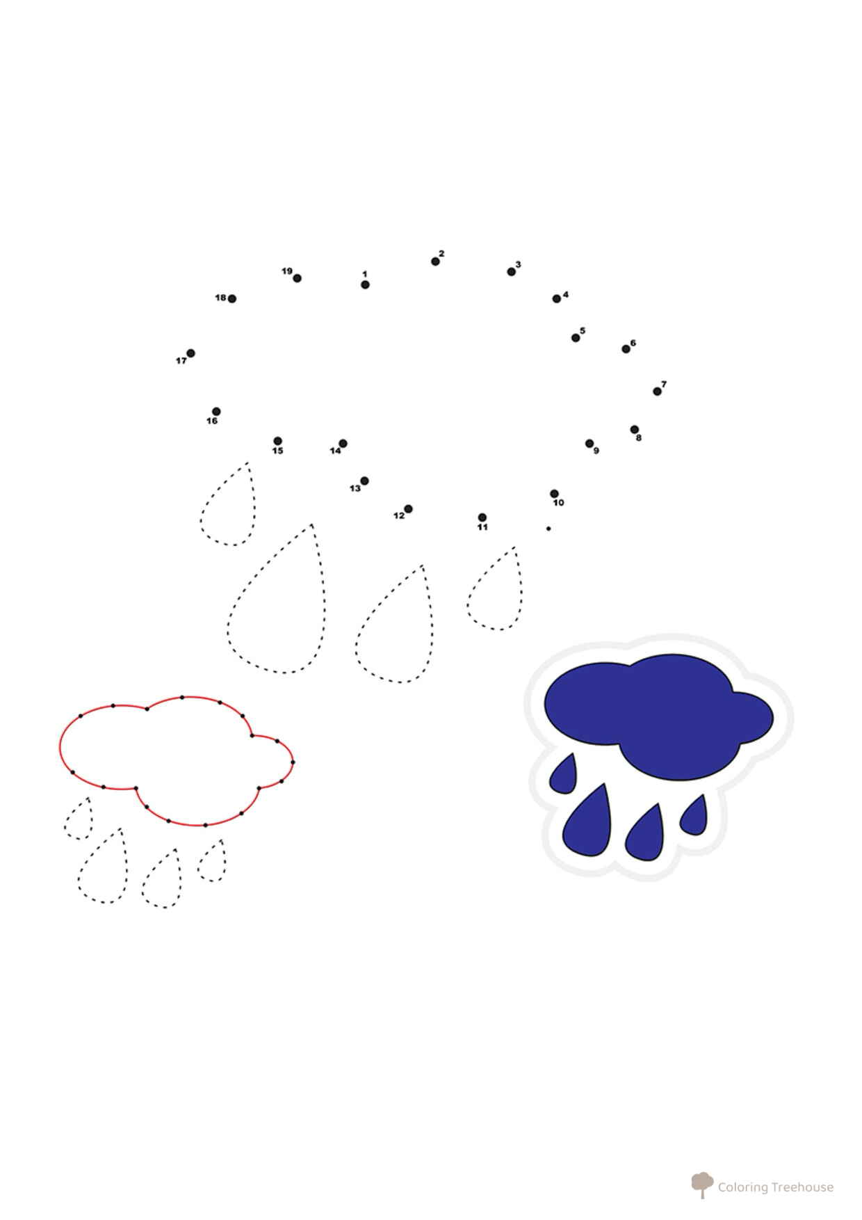 Nube y lluvia por puntos - página para colorear dibujo para colorear gratis de Dot-to-Dot Coloring Pages