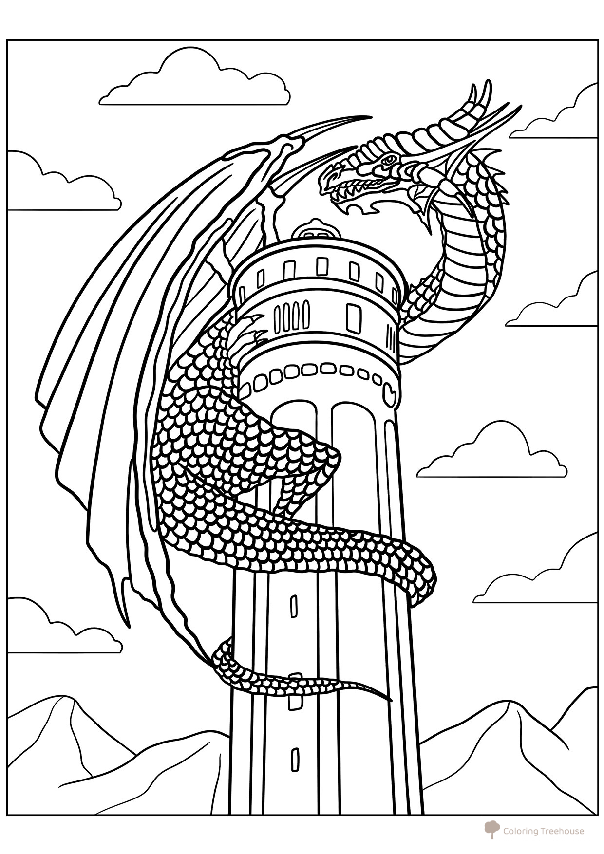 Dragon on a Tower Coloring Page free printable Dragon Coloring Pages for Kids - Fun Fantasy Dragons coloring page