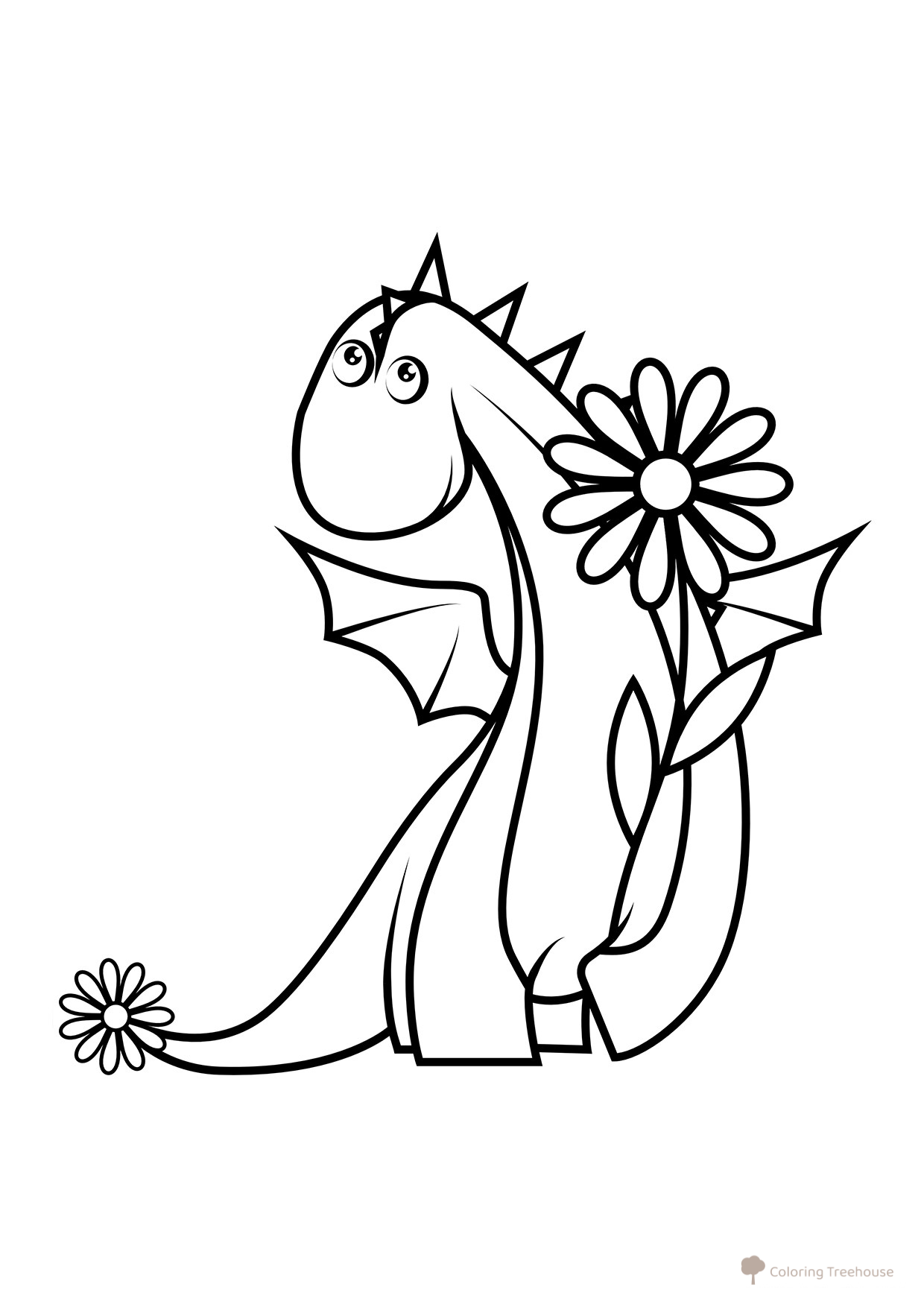 Dibujos para colorear: Draconcito con una margarita dibujo para colorear gratis de Dragon Coloring Pages for Kids - Fun Fantasy Dragons