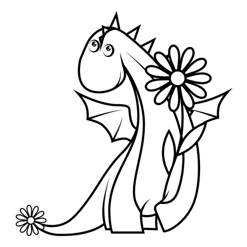 Dibujos para colorear: Draconcito con una margarita dibujo para colorear gratis de Dragon Coloring Pages for Kids - Fun Fantasy Dragons