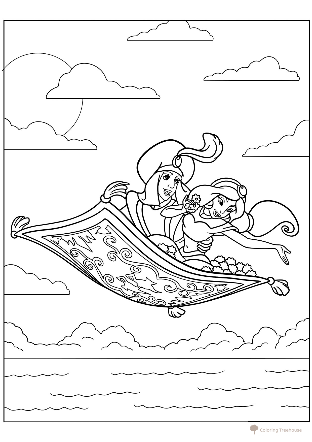 Página para colorear: Jazmín y Aladdín en la alfombra mágica dibujo para colorear gratis de Páginas para colorear de Aladdín y Jazmín