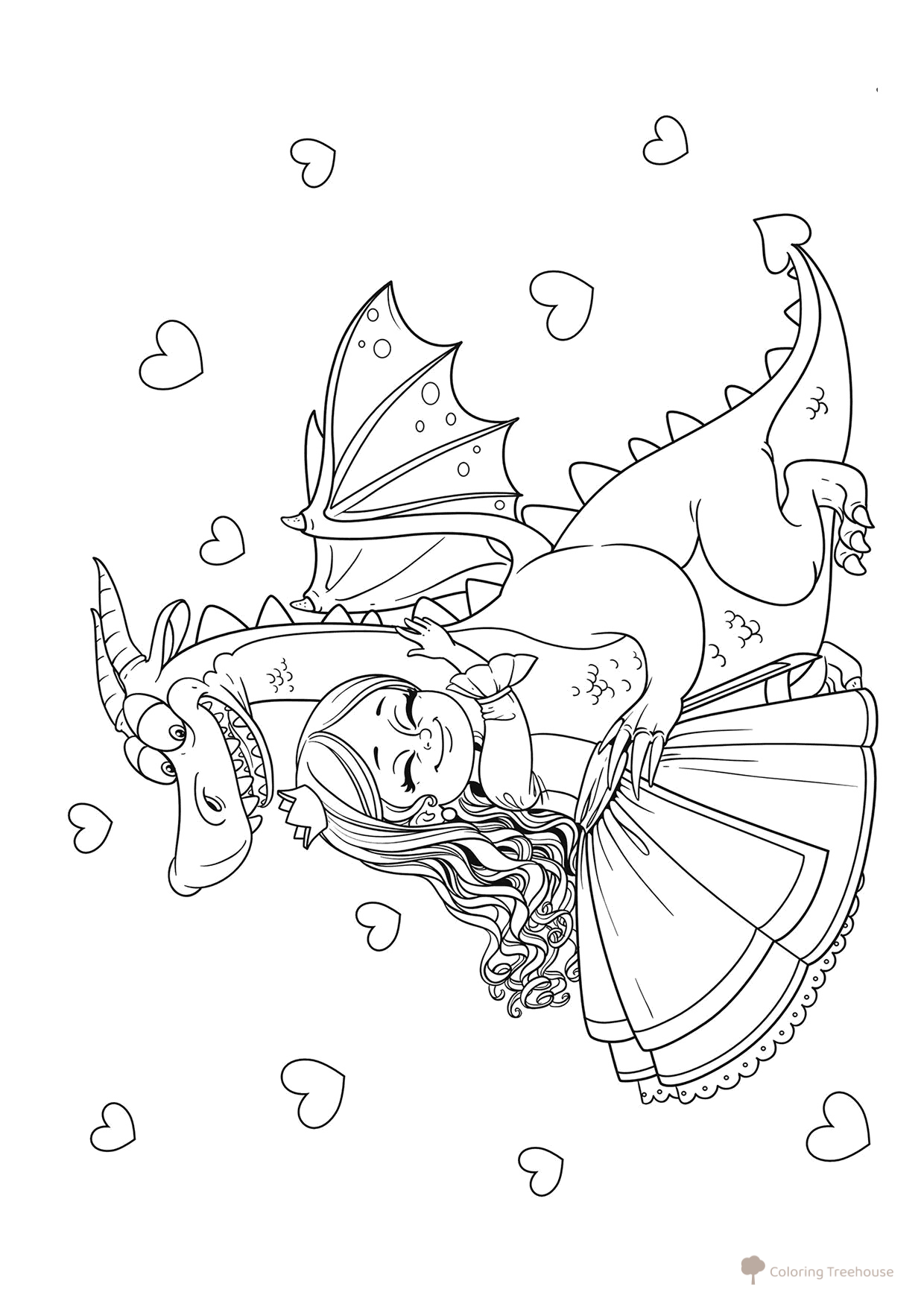 Princess Hugging a Dragon Coloring Page free printable Dragon Coloring Pages for Kids - Fun Fantasy Dragons coloring page