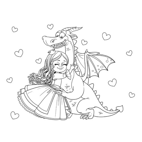Princess Hugging a Dragon Coloring Page free printable Dragon Coloring Pages for Kids - Fun Fantasy Dragons coloring page