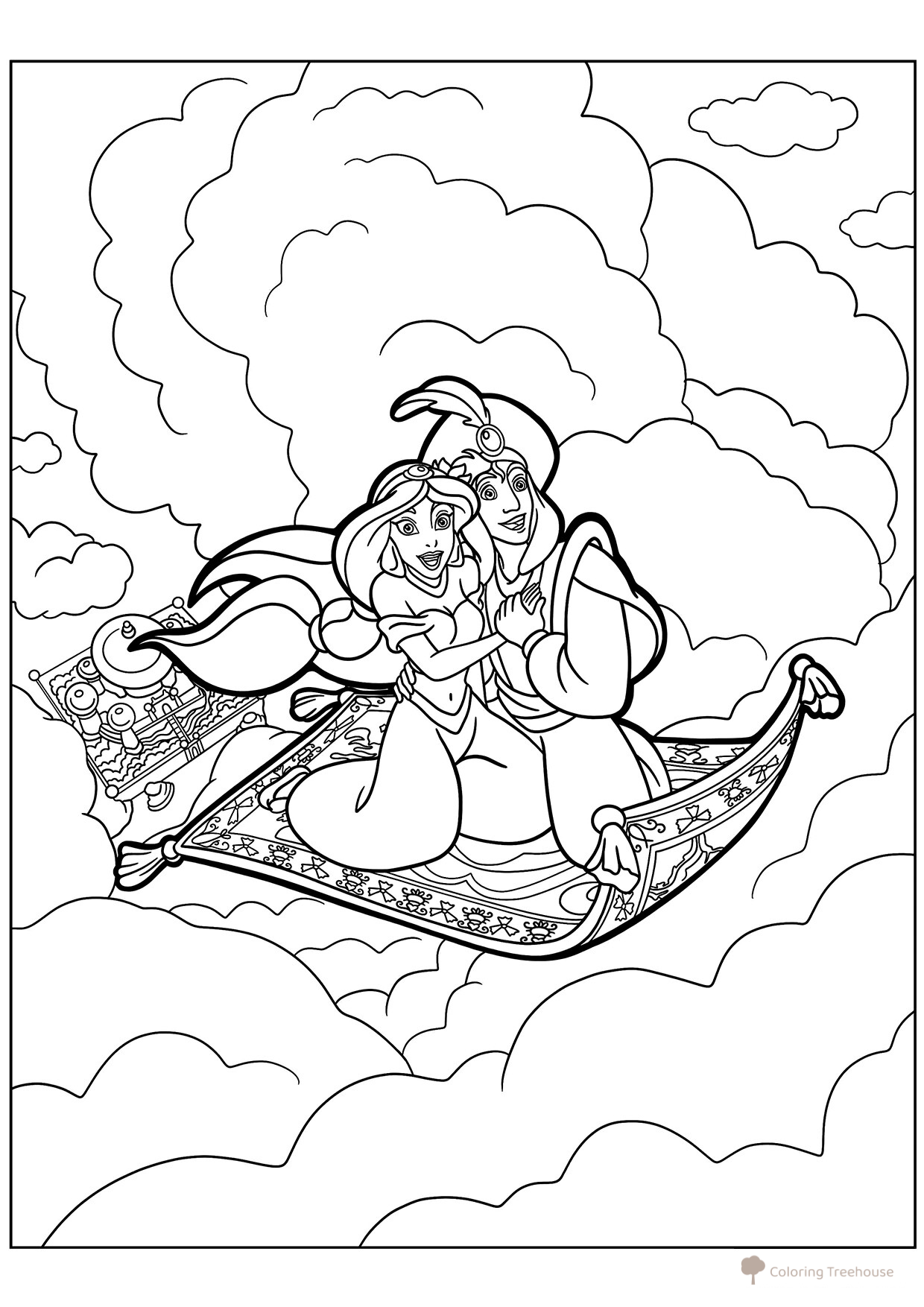 Página para colorear: Jazmín y Aladdín en las nubes dibujo para colorear gratis de Páginas para colorear de Aladdín y Jazmín
