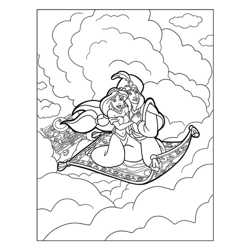 Página para colorear: Jazmín y Aladdín en las nubes dibujo para colorear gratis de Páginas para colorear de Aladdín y Jazmín