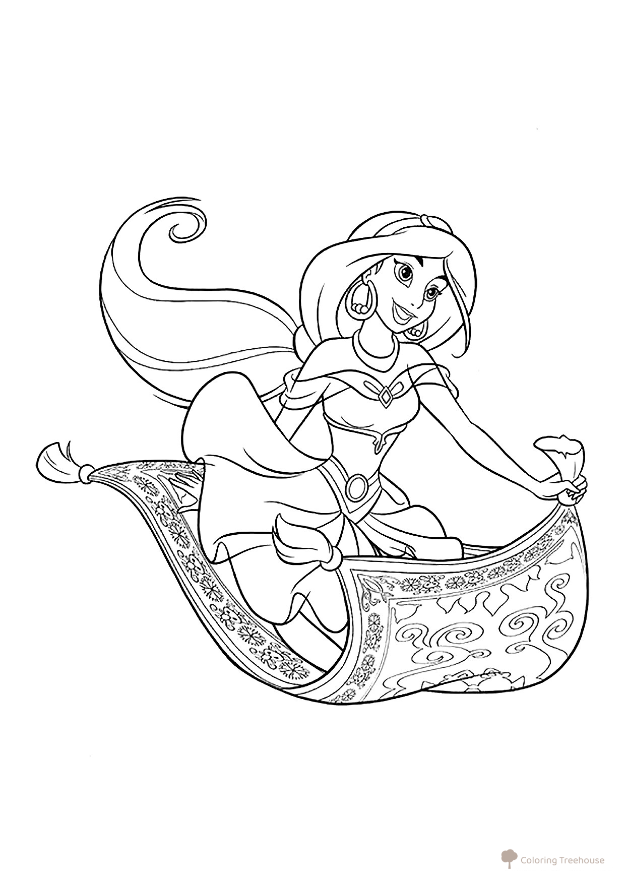 Jasmine Flying on a Magic Carpet Coloring Page free printable Aladdin and Jasmine Coloring Pages coloring page