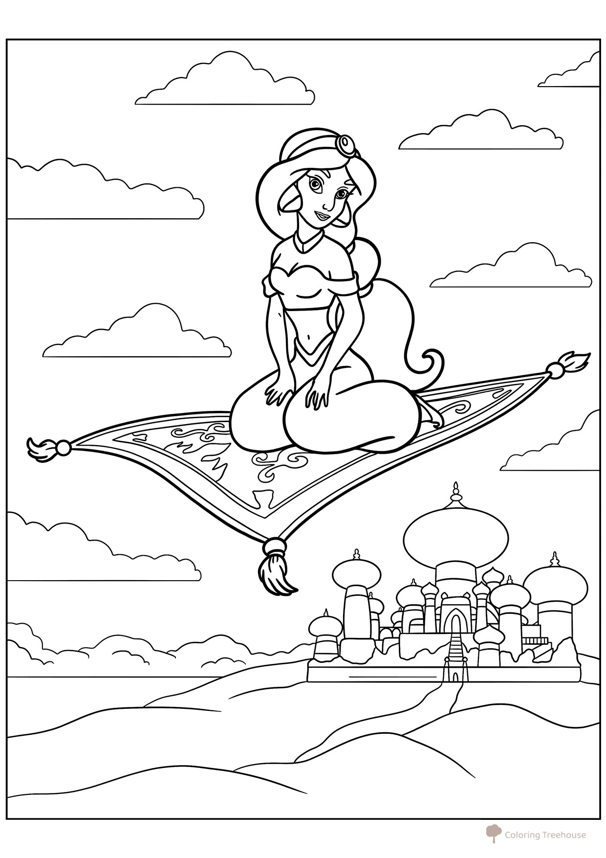 Página para colorear: Jasmine en la alfombra mágica dibujo para colorear gratis de Páginas para colorear de Aladdín y Jazmín