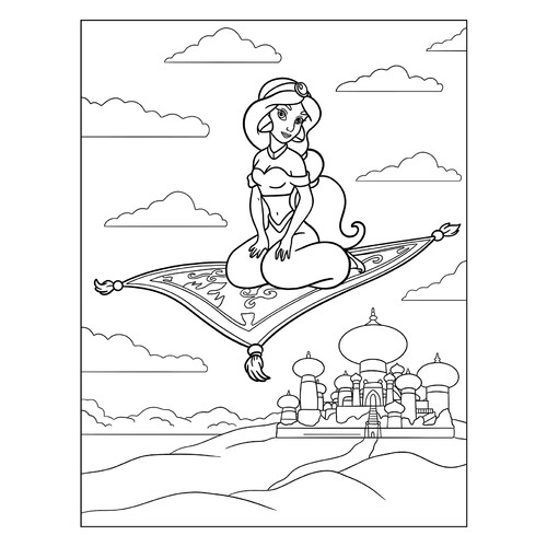 Página para colorear: Jasmine en la alfombra mágica dibujo para colorear gratis de Páginas para colorear de Aladdín y Jazmín