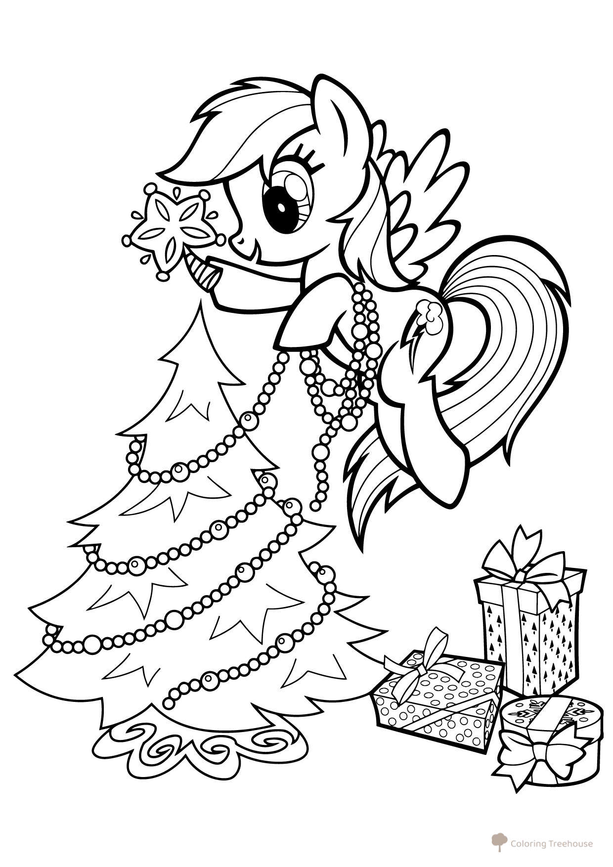 Rainbow Dash y el árbol de Navidad - página para colorear dibujo para colorear gratis de Páginas para colorear de My Little Pony
