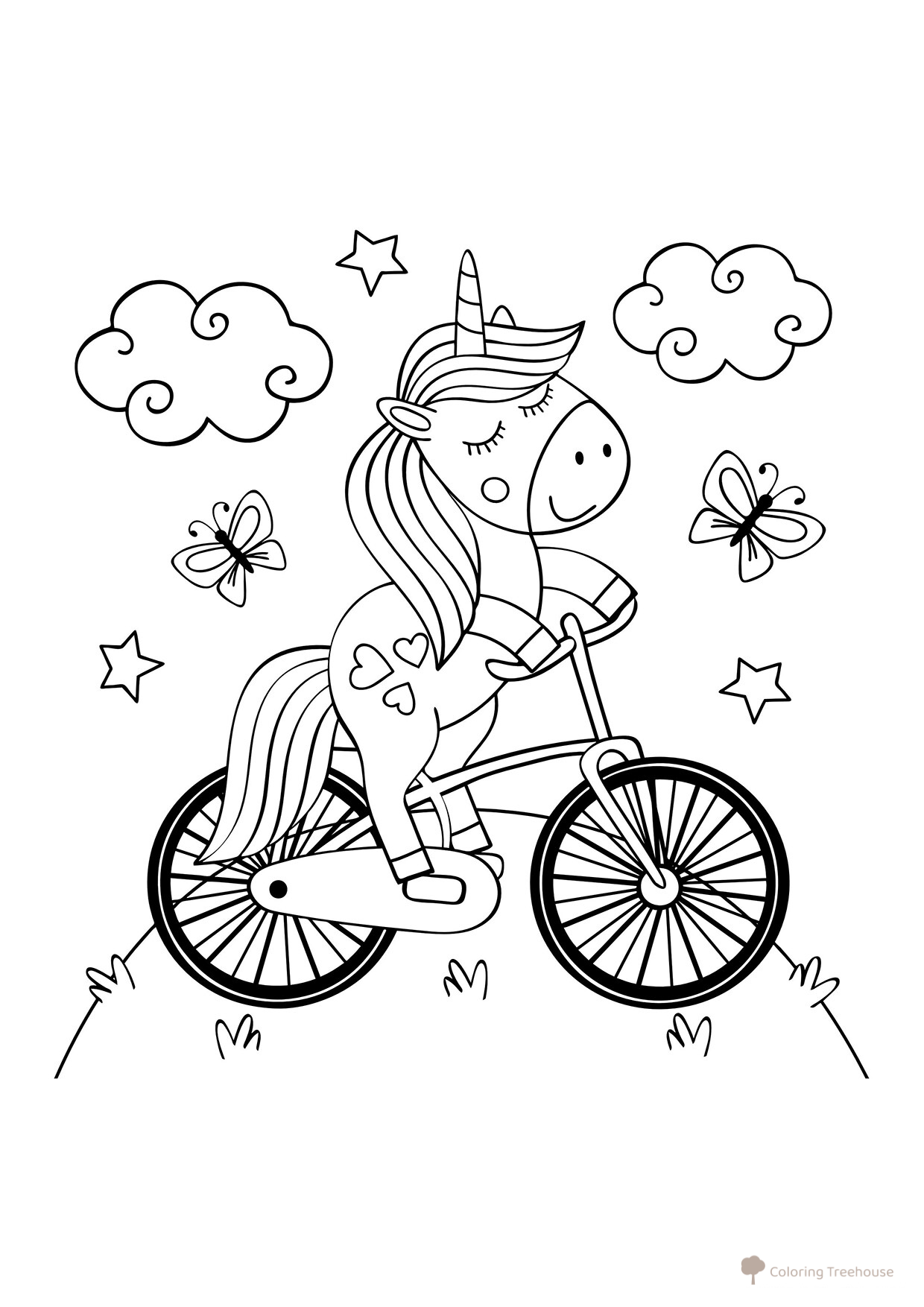 Página para colorear: Unicornio en bicicleta dibujo para colorear gratis de Páginas para colorear de unicornios
