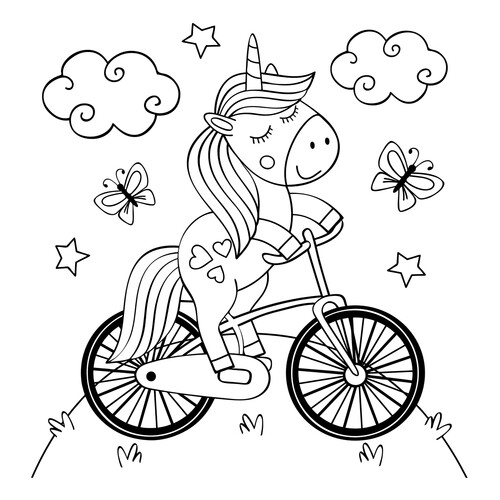 Página para colorear: Unicornio en bicicleta dibujo para colorear gratis de Páginas para colorear de unicornios