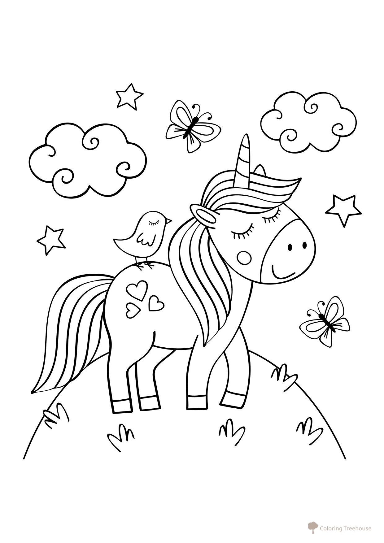 Página para colorear: unicornio, pajarito y mariposas dibujo para colorear gratis de Páginas para colorear de unicornios