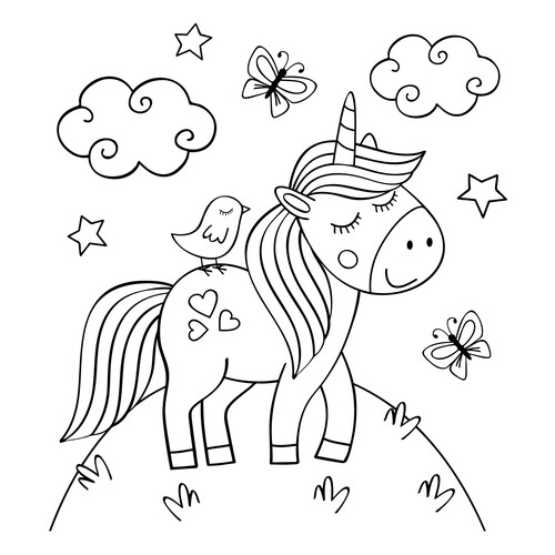 Página para colorear: unicornio, pajarito y mariposas dibujo para colorear gratis de Páginas para colorear de unicornios