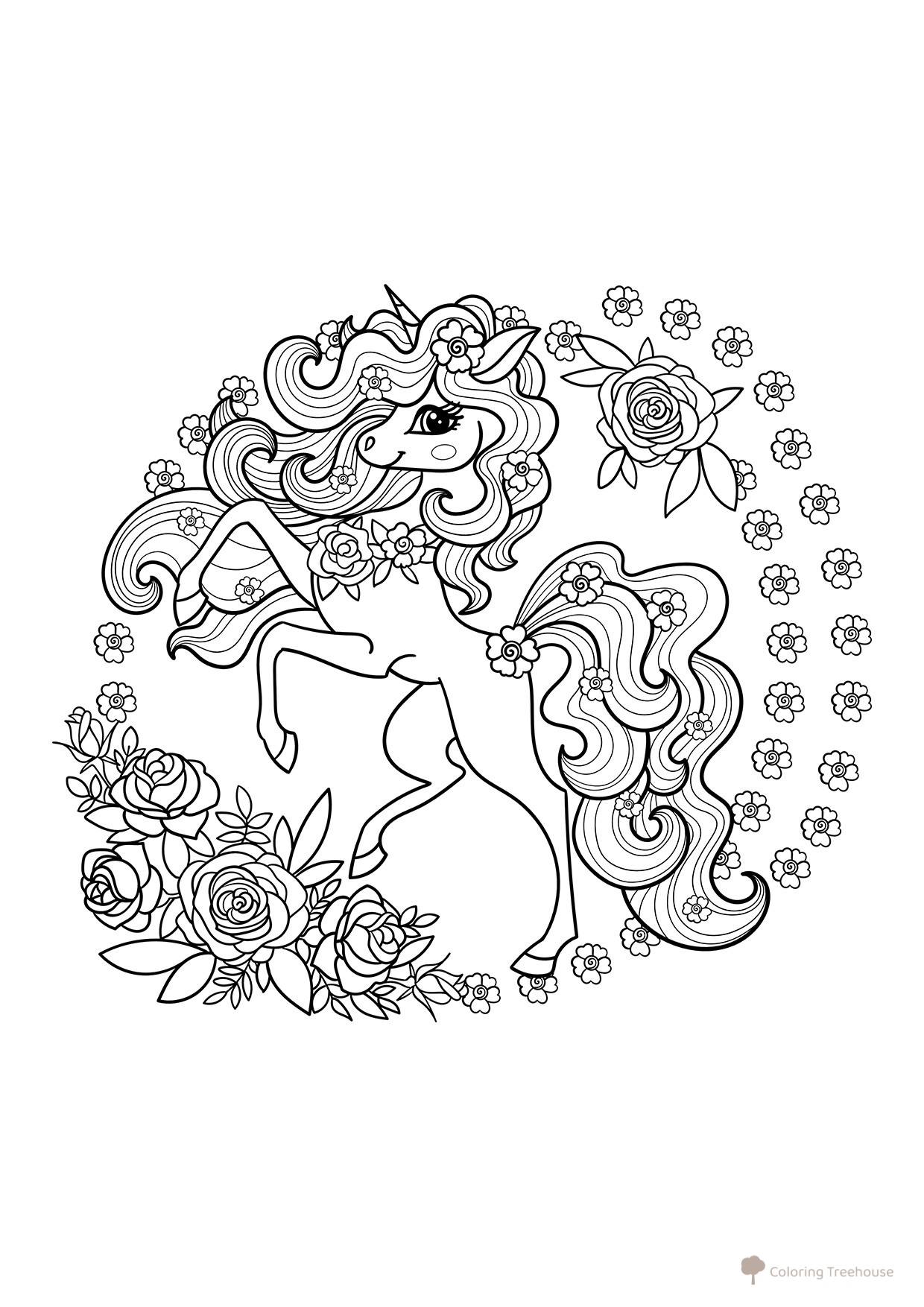 Unicorn with Roses Coloring Page free printable Unicorn Coloring Pages coloring page