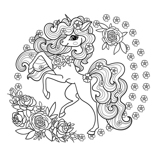 Unicorn with Roses Coloring Page free printable Unicorn Coloring Pages coloring page