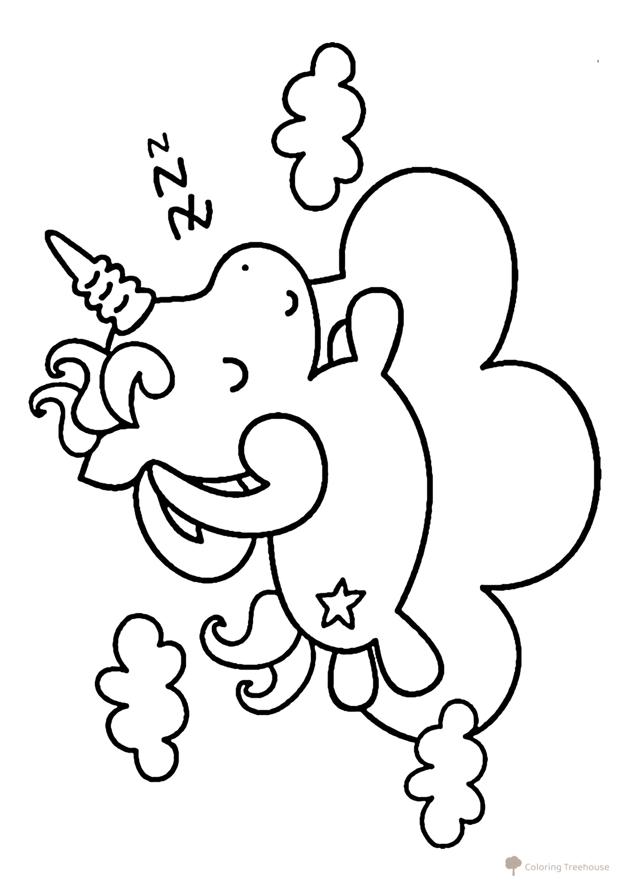 Unicorn Sleeping in the Clouds Coloring Page free printable Unicorn Coloring Pages coloring page