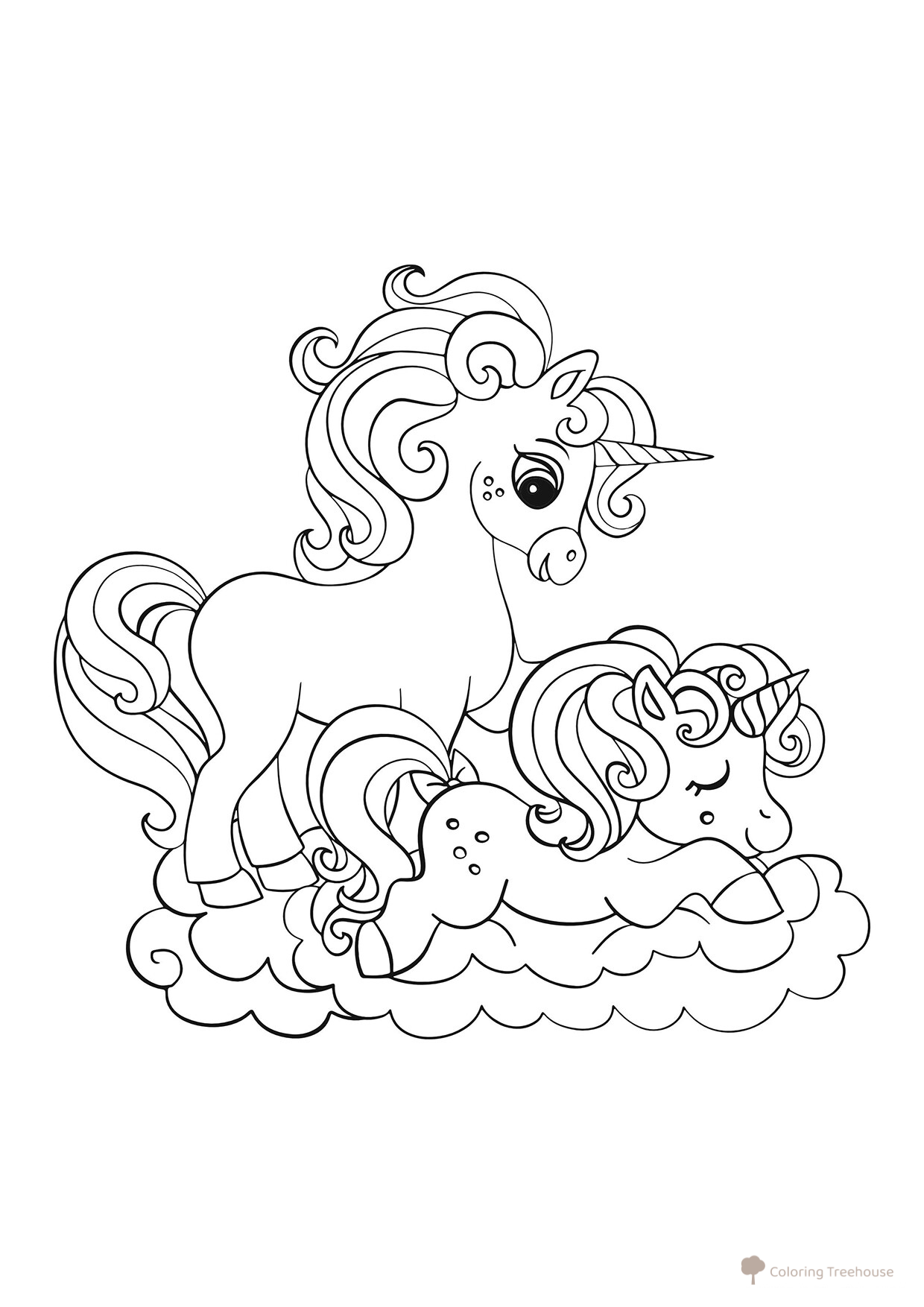 Página para colorear: Mamá y su cría de unicornios dibujo para colorear gratis de Páginas para colorear de unicornios
