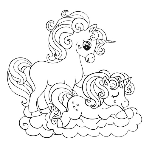 Página para colorear: Mamá y su cría de unicornios dibujo para colorear gratis de Páginas para colorear de unicornios
