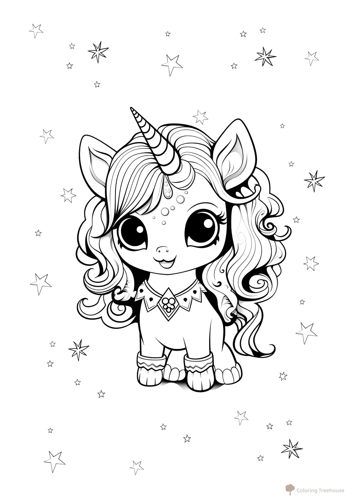 Dibujos para colorear: Dulce unicornio con estrellitas dibujo para colorear gratis de Páginas para colorear de unicornios