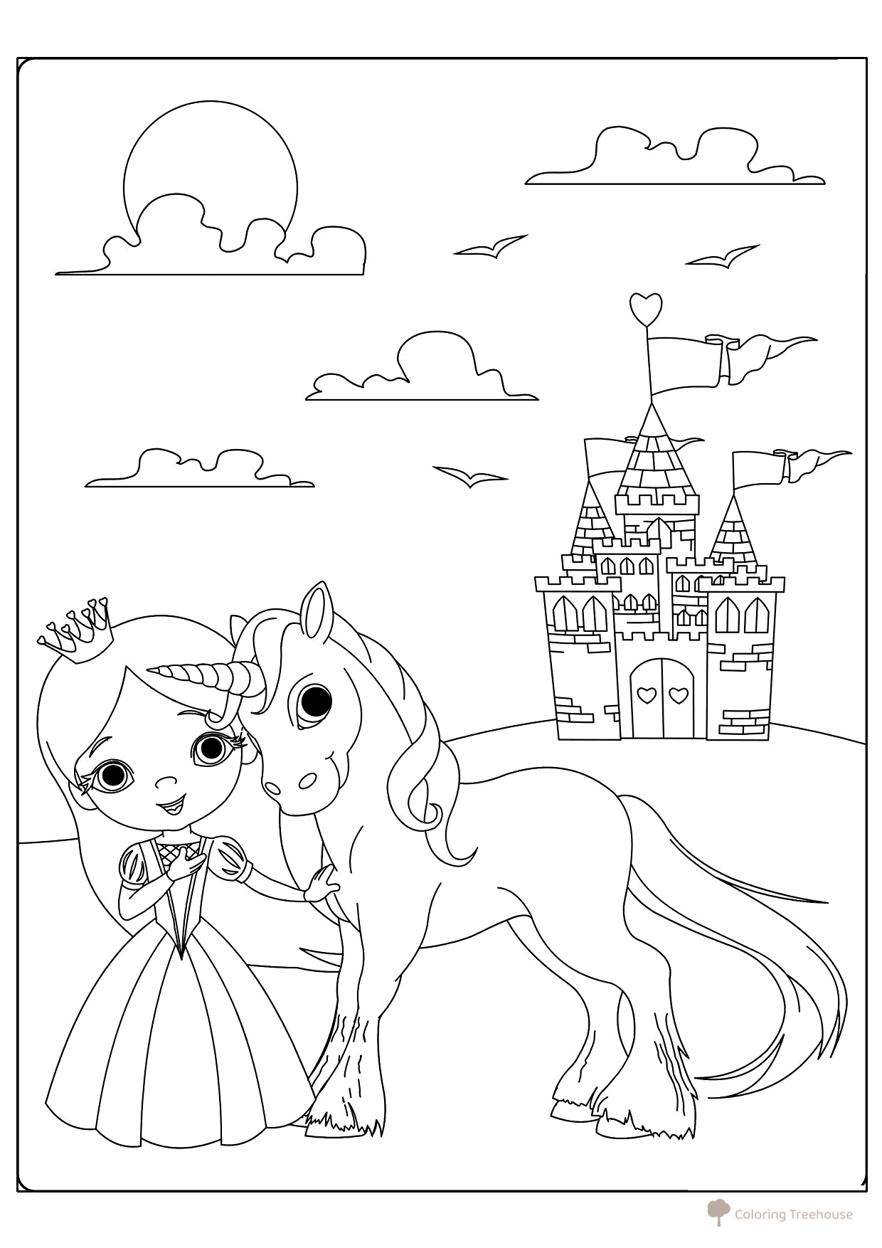Princesa, unicornio y palacio — página para colorear dibujo para colorear gratis de Páginas para colorear de unicornios