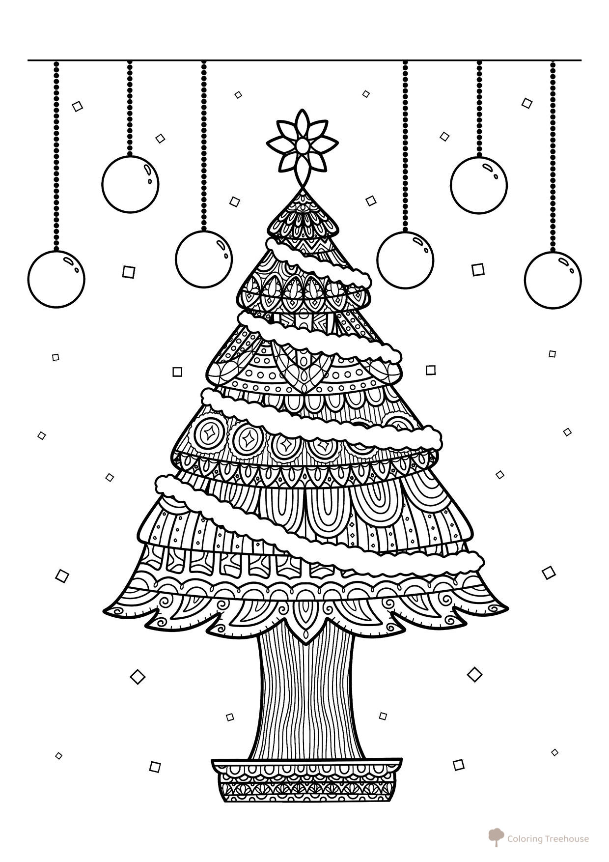 Página para colorear antiestrés: Árbol de Navidad dibujo para colorear gratis de Christmas Tree Coloring Pages