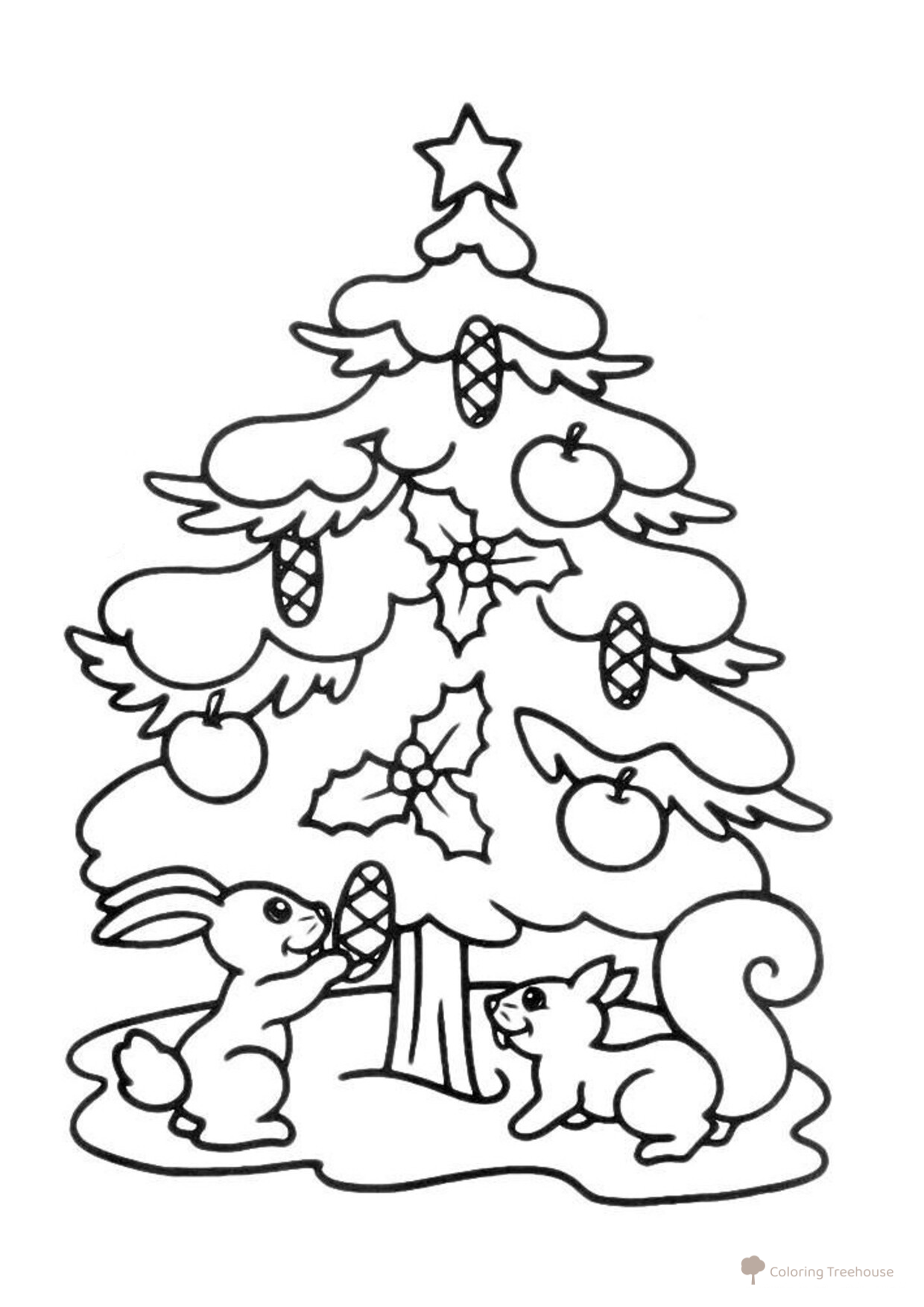Página para colorear: Las ardillas decoran el árbol de Navidad dibujo para colorear gratis de Christmas Tree Coloring Pages