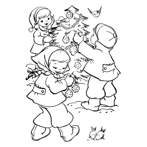 Dibujo para colorear: Dos niñas y un niño decoran el árbol de Navidad dibujo para colorear gratis de Christmas Tree Coloring Pages