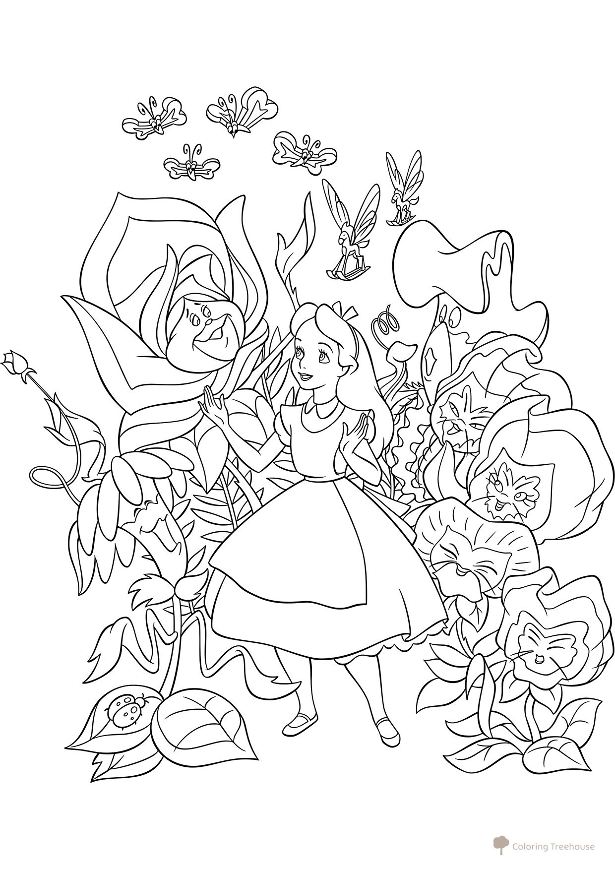Alice in Wonderland Coloring Page with Flowers free printable Alice in Wonderland Coloring Pages coloring page