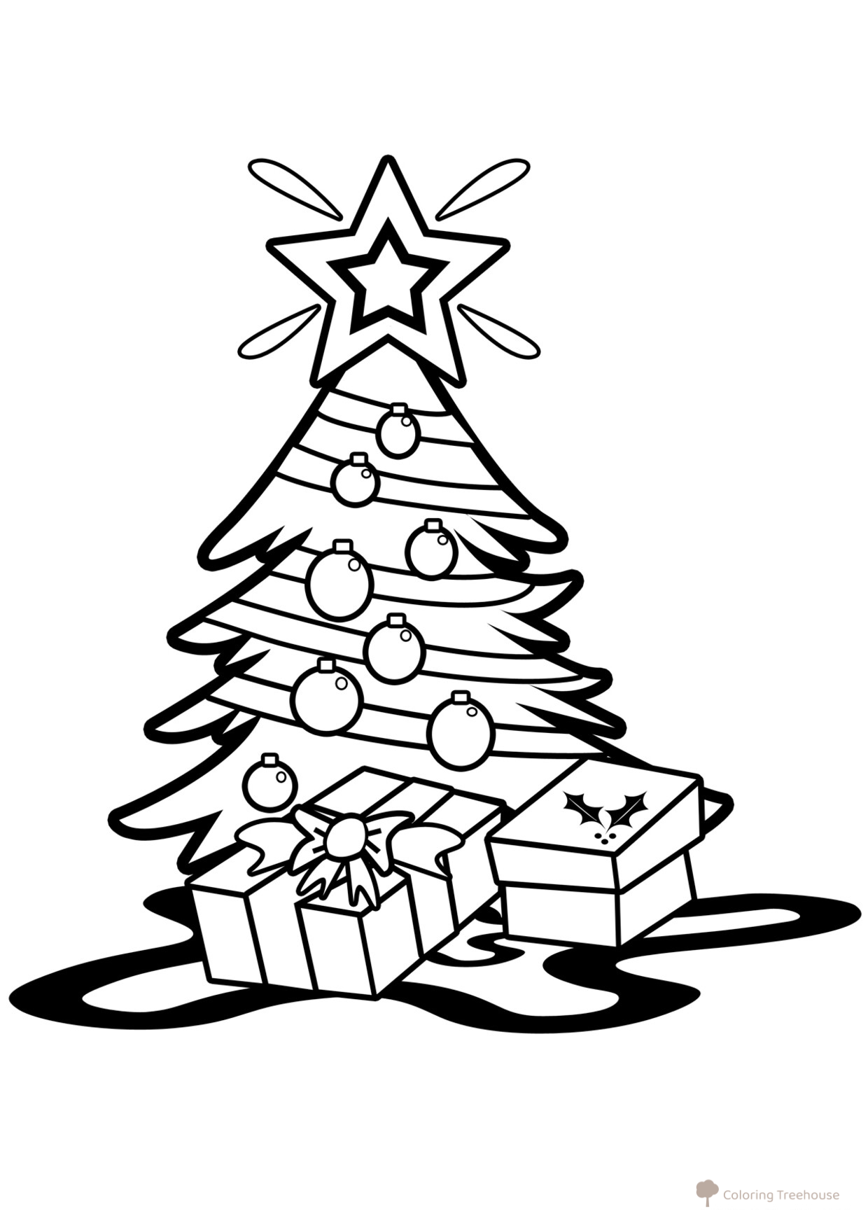 Página para colorear: Árbol de Navidad con estrella y regalos dibujo para colorear gratis de Christmas Tree Coloring Pages