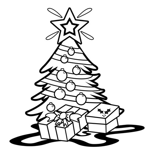 Página para colorear: Árbol de Navidad con estrella y regalos dibujo para colorear gratis de Christmas Tree Coloring Pages