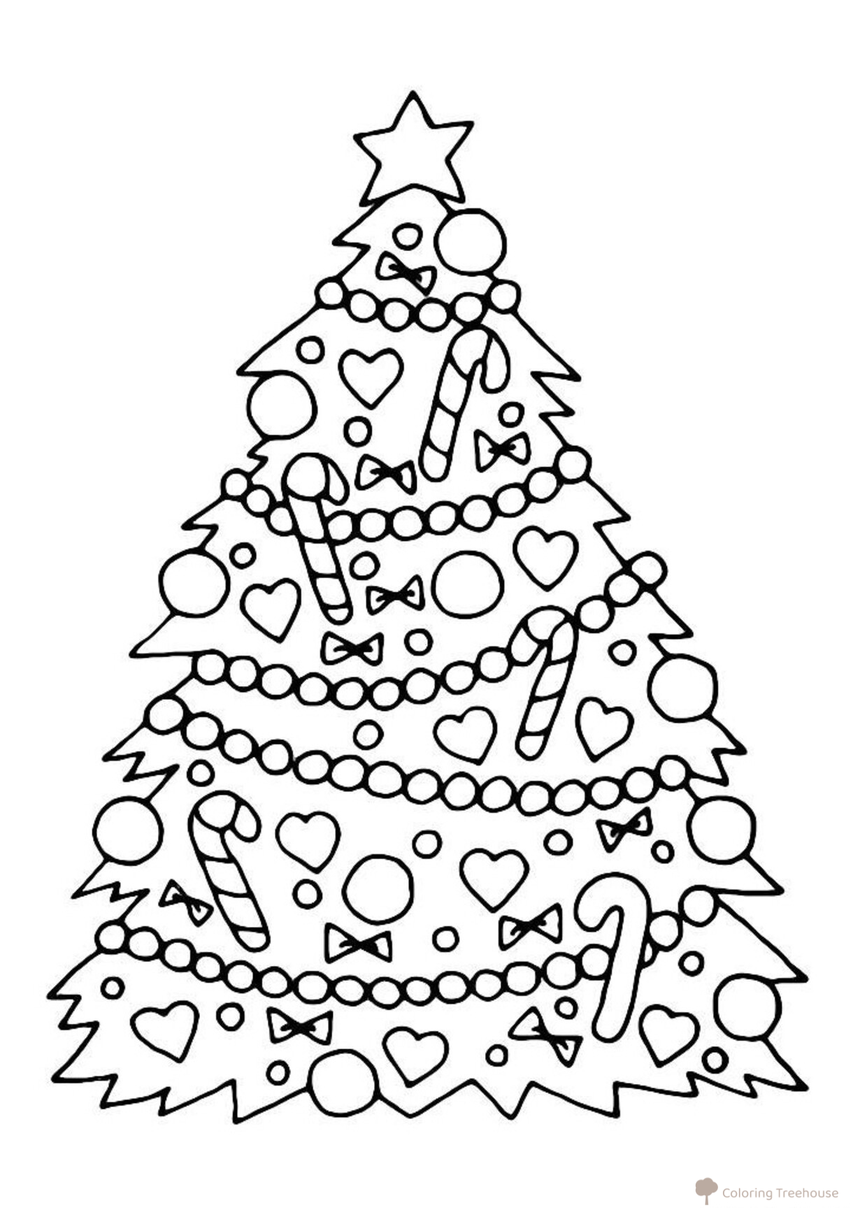 Coloring Page: Christmas Tree Covered in Sweet Candies free printable Christmas Tree Coloring Pages coloring page