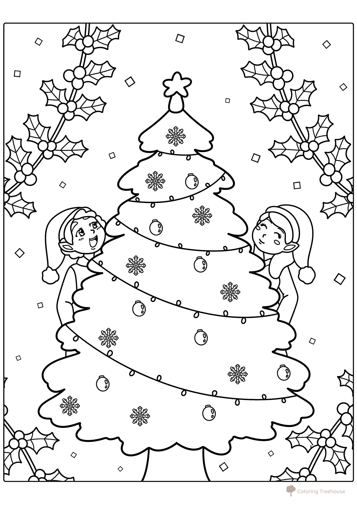 Página para colorear: Árbol de Navidad y elfos dibujo para colorear gratis de Christmas Tree Coloring Pages