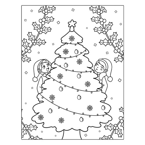 Página para colorear: Árbol de Navidad y elfos dibujo para colorear gratis de Christmas Tree Coloring Pages