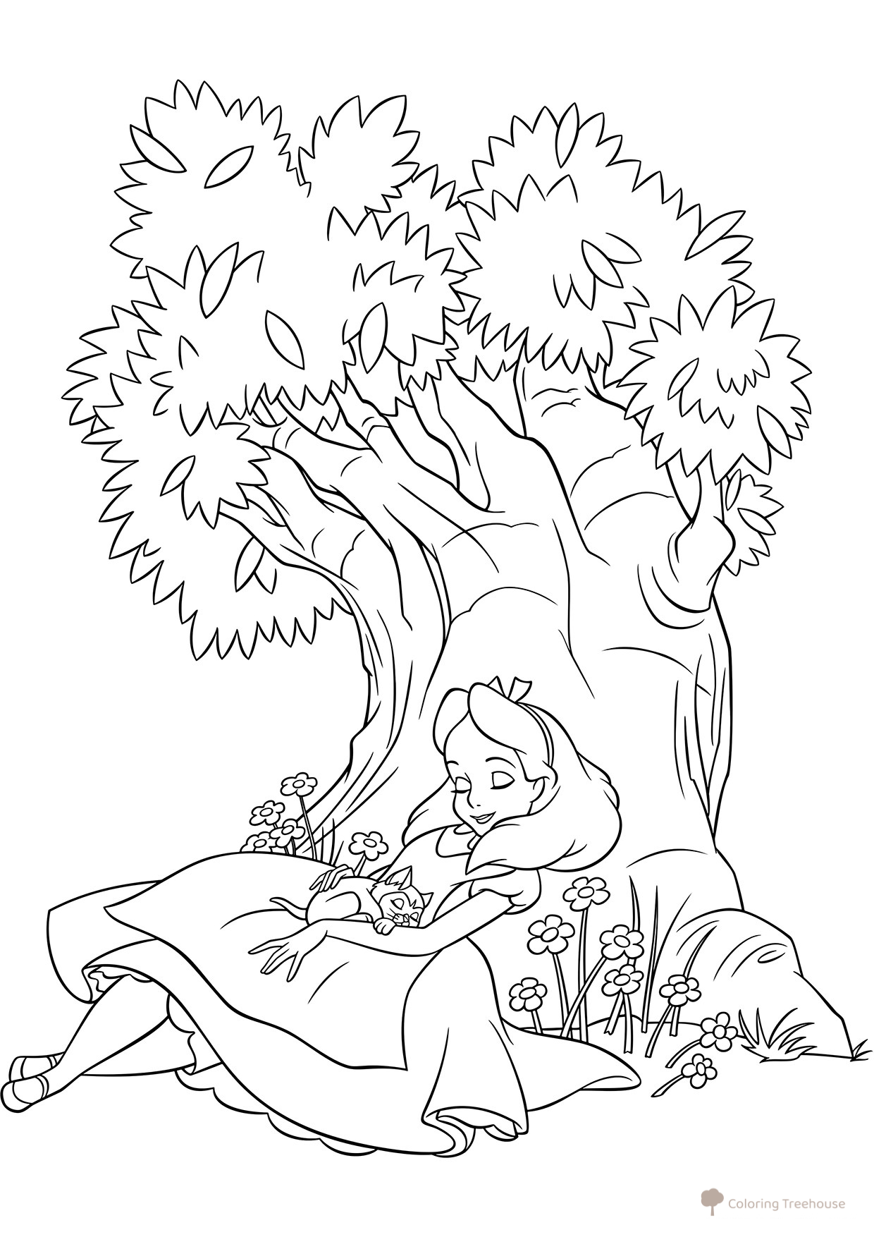 Página para colorear: Alisa se quedó dormida bajo el árbol dibujo para colorear gratis de Páginas para colorear de Alicia en el País de las Maravillas