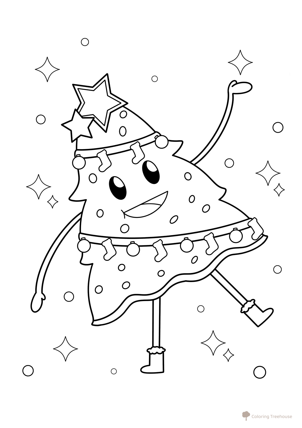 Página para colorear: Árbol de Navidad caricaturesco para niños dibujo para colorear gratis de Christmas Tree Coloring Pages