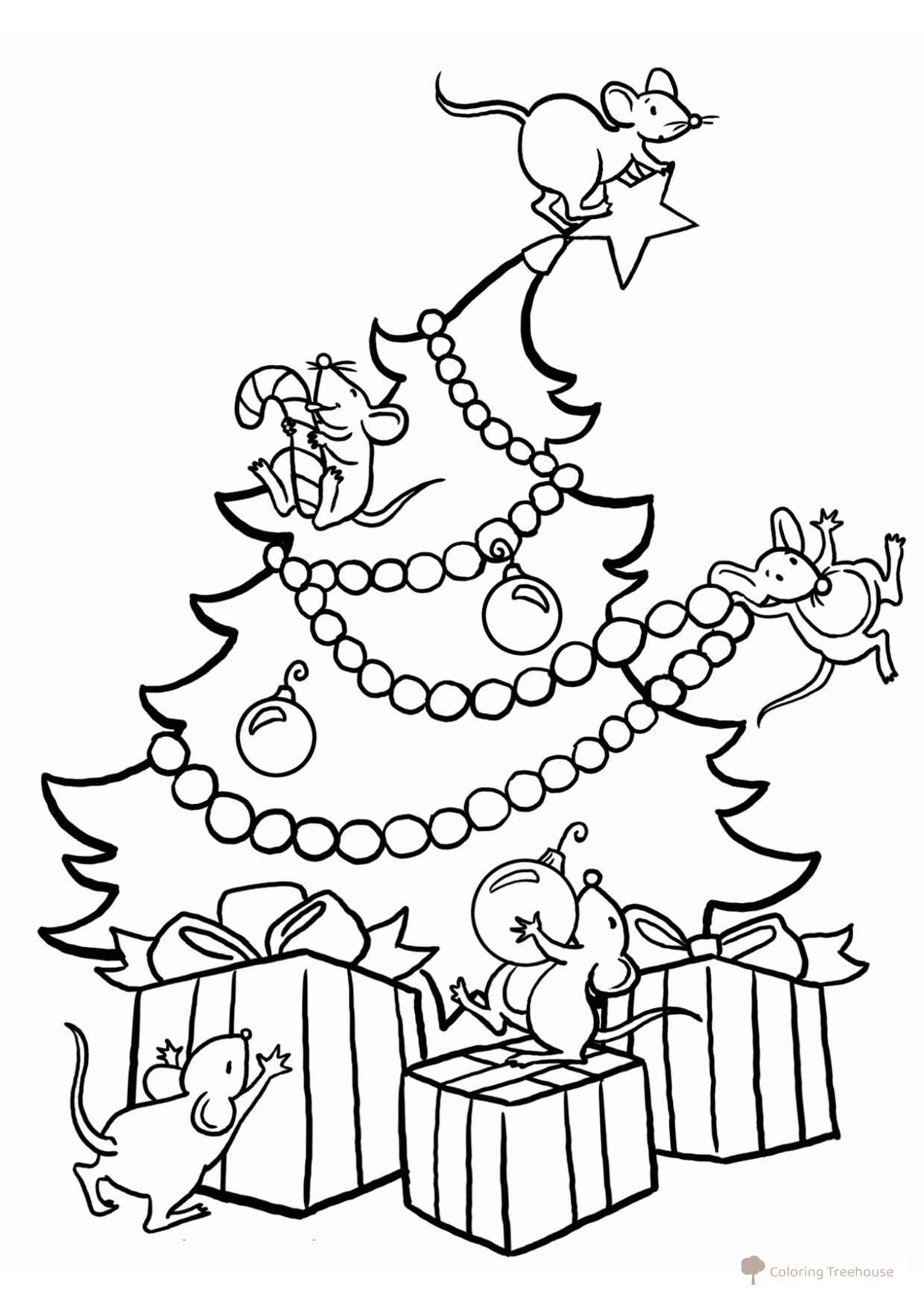 Mice Decorating a Christmas Tree Coloring Page free printable Christmas Tree Coloring Pages coloring page
