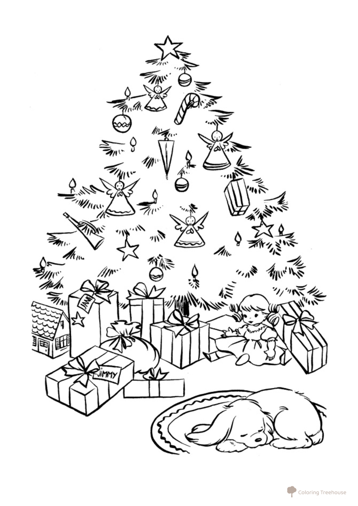 Dog Sleeping Soundly by a Festive Christmas Tree Coloring Page free printable Christmas Tree Coloring Pages coloring page