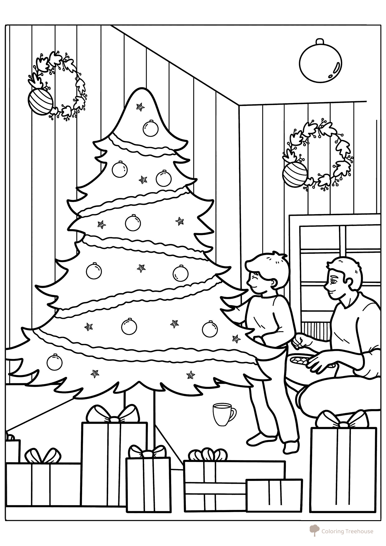 Christmas Tree Decorating Coloring Page free printable Christmas Tree Coloring Pages coloring page