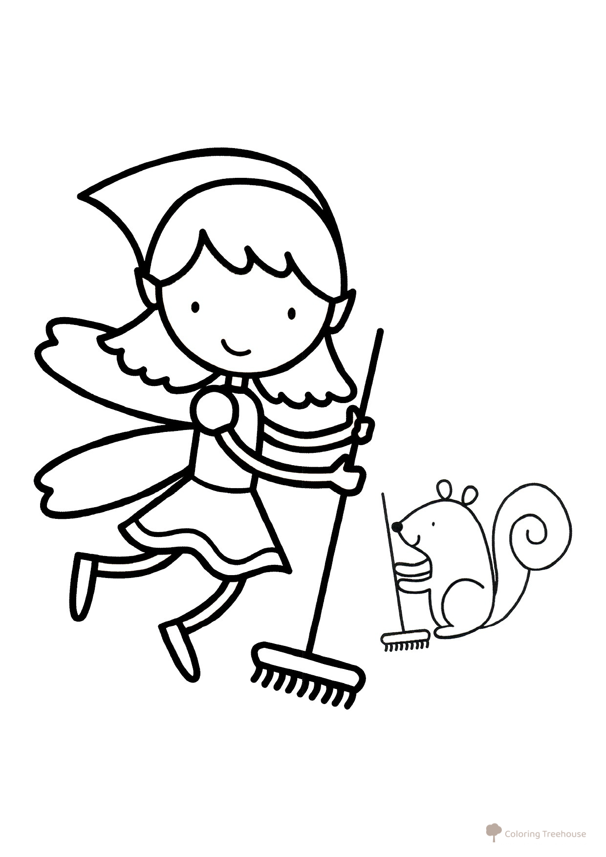 Fairy and Squirrel Cleaning Coloring Page free printable Fairy Coloring Pages for Toddlers coloring page