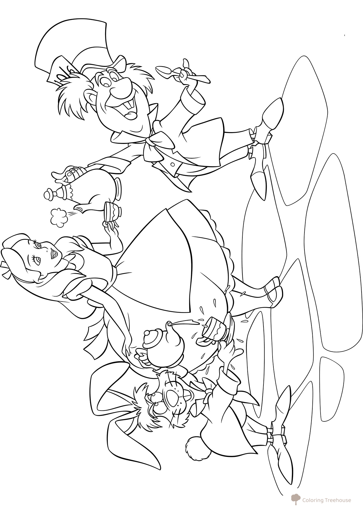 Página para colorear: Sombrerero, Liebre y Alicia en el País de las Maravillas dibujo para colorear gratis de Páginas para colorear de Alicia en el País de las Maravillas